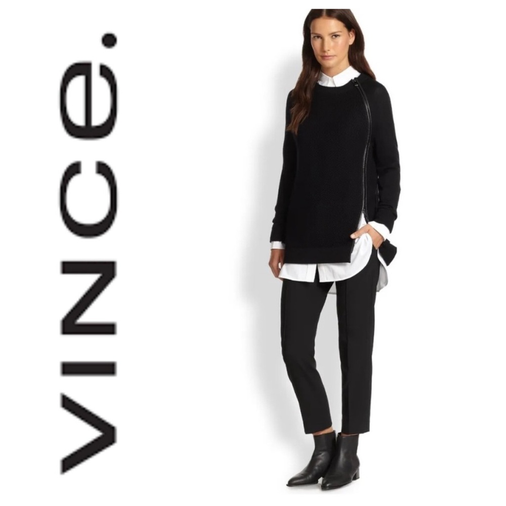 Vince. 100% wool mixed media sweater with leather lined zipper